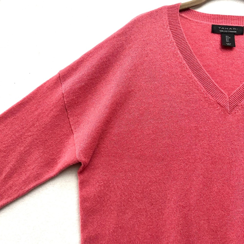 Tahari 100% Cashmere L V-Neck Sweater Pink Coral Oversized Drop Shoulder Large - Picture 7 of 10